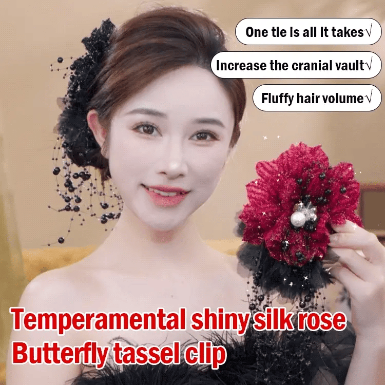 Elegant shiny silk butterfly rose tassel hair claw
